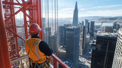 Poster - A crane operator in a high-rise construction setting with panoramic city views, Crane operation scene, Elevated and panoramic style