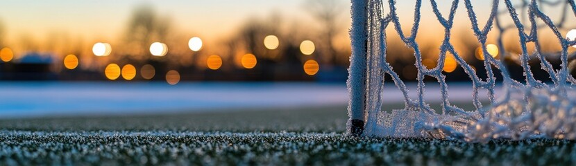 Aufkleber - Frosty soccer goal with blurred lights in the background at sunset.