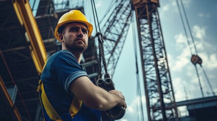 Poster - A crane operator in a yellow hard hat and blue overalls, holding a control lever, looking seriously at the camera