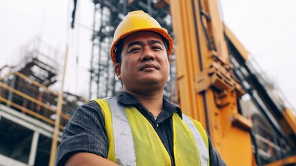 Poster - A crane operator in a yellow hard hat and reflective vest using controls inside the crane cab, with a construction site bustling below, Crane operation scene