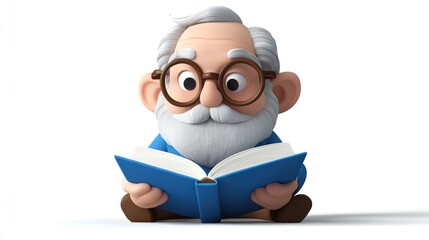 Poster - A cartoonish elderly man with glasses reading a blue book, conveying wisdom and leisure.