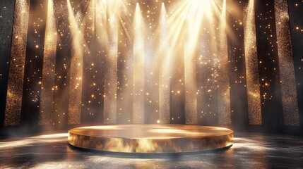 Poster - A stage with a shimmering golden podium and soft rays of light, evoking grandeur and sophistication.