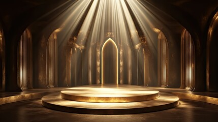 Poster - A stage with a shimmering golden podium and soft rays of light, evoking grandeur and sophistication.