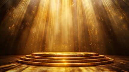 Poster - A stage with a shimmering golden podium and soft rays of light, evoking grandeur and sophistication.