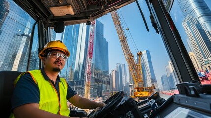 Poster - A crane operator in a yellow safety vest and hard hat, seated in the crane cab and looking into the camera, with towering construction cranes and a partially built skyscraper in the background