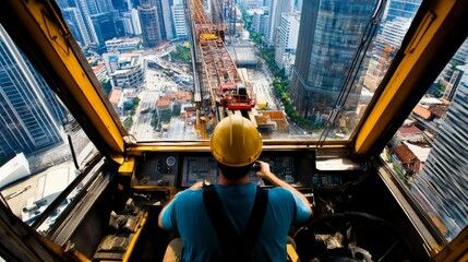 Poster - A crane operator in the cockpit of a towering construction crane, overlooking a bustling urban skyline, Crane operation scene