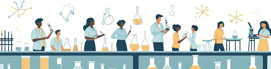Aufkleber - A diverse group of scientists conducting experiments in a laboratory setting.