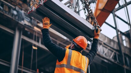 Poster - A crane signaler in a bright orange safety vest and gloves, giving hand signals to guide a crane, with suspended steel beams above