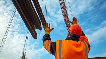 Poster - A crane signaler in a bright orange safety vest and gloves, giving hand signals to guide a crane, with suspended steel beams above