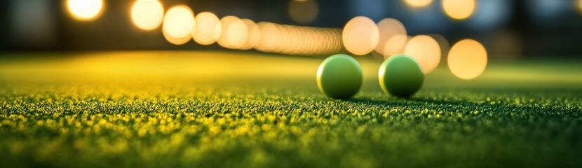Poster - Two green balls on a grass-like surface, illuminated by warm outdoor lights.