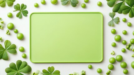 Poster - A green-themed arrangement with clovers and spheres surrounding a blank tray.