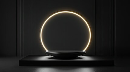 Poster - Abstract design of black stage with illuminated circular podium, ideal for product showcase