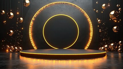 Poster - Abstract design of black stage with illuminated circular podium, ideal for product showcase