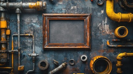 Poster - A rustic background featuring pipes and a blank frame for creative display.