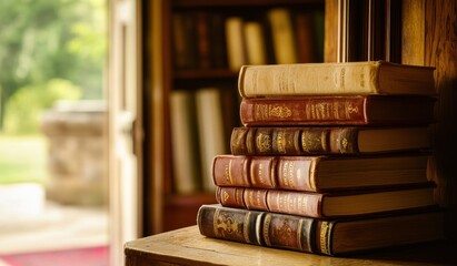 Aufkleber - A stack of vintage books on a wooden surface with a blurred background of a library.