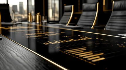 Aufkleber - Sleek conference room with a modern table featuring digital displays and a city view.