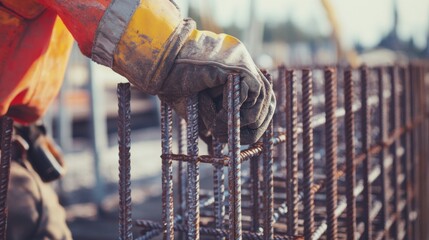 Poster - A detailed close-up of a construction foreman inspecting concrete formwork at a skyscraper construction site, Skyscraper formwork inspection scene, Authoritative and meticulous style