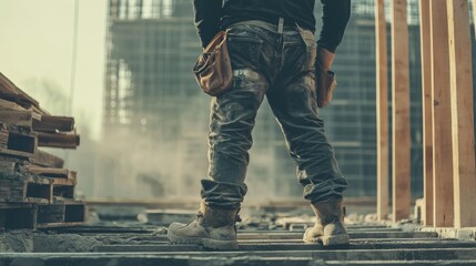 Poster - A detailed close-up of a construction foreman inspecting steel reinforcement at a bridge construction site, Bridge construction foreman inspection scene, Authoritative and detailed style