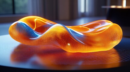 Aufkleber - A glowing, abstract sculpture with fluid shapes in vibrant orange and blue hues.