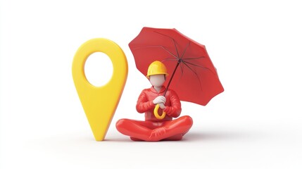 Poster - A 3D figure with an umbrella sits beside a location pin, symbolizing safety and guidance.