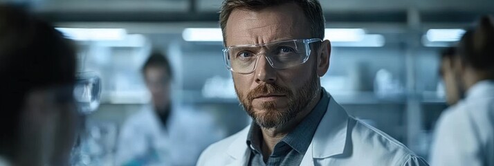 Poster - A focused scientist in a lab setting, wearing glasses and a lab coat, engaged in research.