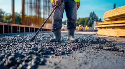 Poster - A detailed close-up of a construction supervisor inspecting concrete pouring at a high-rise construction site, High-rise concrete pouring inspection scene, Authoritative and meticulous style