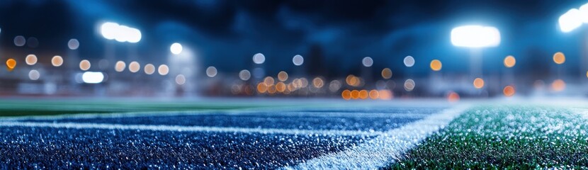 Poster - A night view of a sports field with bright lights and a blurred background.