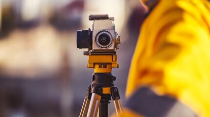 Aufkleber - A detailed close-up of a surveyor using a theodolite to measure angles on a construction site, Surveying scene, Technical and precise style