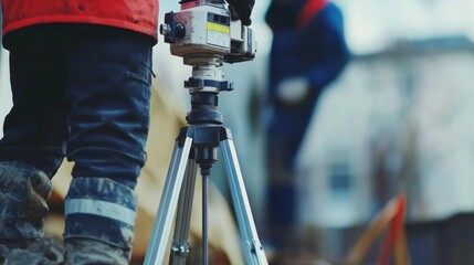 Aufkleber - A detailed close-up of a surveyor using a theodolite to measure angles on a construction site, Surveying scene, Technical and precise style
