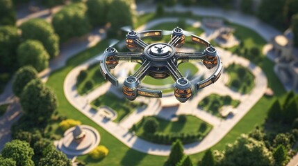 Poster - A futuristic drone hovering over a beautifully landscaped park.