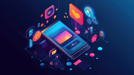 Fototapete - A digital illustration of a smartphone surrounded by various app icons and interfaces.