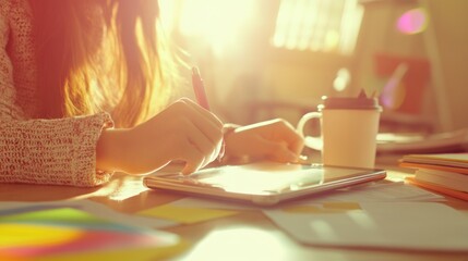 Poster - A person using a tablet while sitting at a desk with a coffee cup and colorful papers.