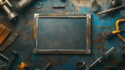 Poster - A rustic workspace with a blank frame surrounded by various tools and equipment.