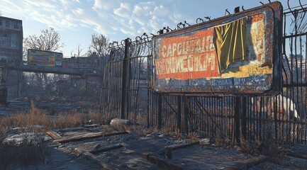 Poster - A desolate urban landscape with a weathered sign and overgrown vegetation.