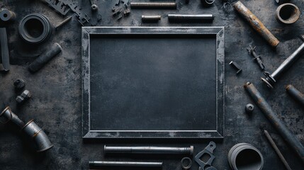 Poster - A flat lay of various tools surrounding an empty frame, suggesting creativity and craftsmanship.