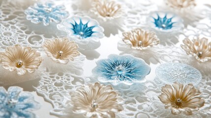 Poster - A decorative arrangement of intricate floral designs in soft colors on a textured surface.