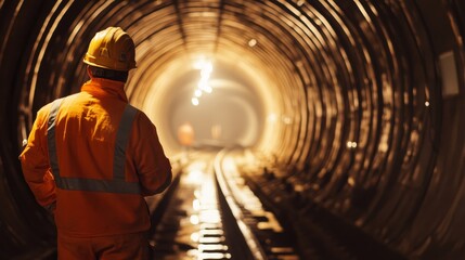 Poster - A detailed portrait of a tunnel construction engineer inspecting tunnel wall reinforcements underground, Tunnel reinforcement inspection scene, Strategic and underground style