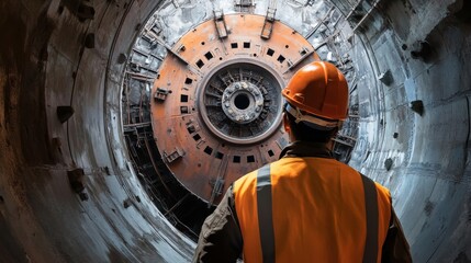 Poster - A detailed portrait of a tunnel construction engineer monitoring tunnel boring machine progress underground, Tunnel excavation scene, Strategic and underground style