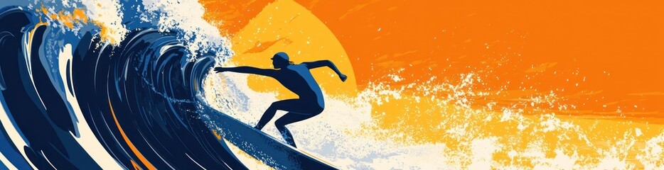 Poster - A silhouette of a surfer riding a wave against a vibrant sunset background.