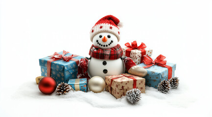 Wall Mural - Smiling snowman in a hat and scarf, gifts and Christmas tree decorations nearby in the snow on a white background, created with Generative AI technology