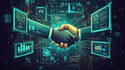 Poster - A digital handshake symbolizing partnership and collaboration in a tech-driven environment.