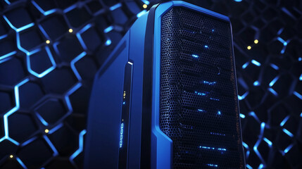 Poster - A powerful blue computer, shown in a 3D image.  The background is black with a honeycomb pattern.