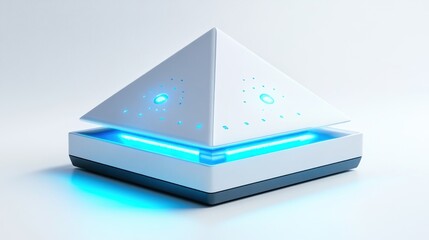 Aufkleber - A futuristic pyramid-shaped device with blue lighting, possibly for technology or ambiance.
