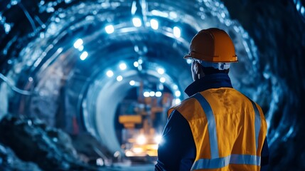 Poster - A detailed portrait of a tunnel engineer inspecting tunnel boring machine progress underground, Tunnel boring machine inspection scene, Technical and underground style