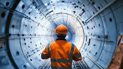 Poster - A detailed portrait of a tunnel engineer inspecting tunnel boring machine progress underground, Tunnel construction inspection scene, Technical and meticulous style