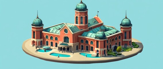 Poster - A stylized architectural depiction of a grand building with domes and a pool area.