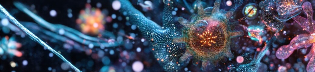 Aufkleber - Abstract representation of microscopic organisms and cellular structures in a vibrant, colorful scene.