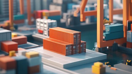 Poster - Aerial view of a busy shipping port with stacked containers and cranes.