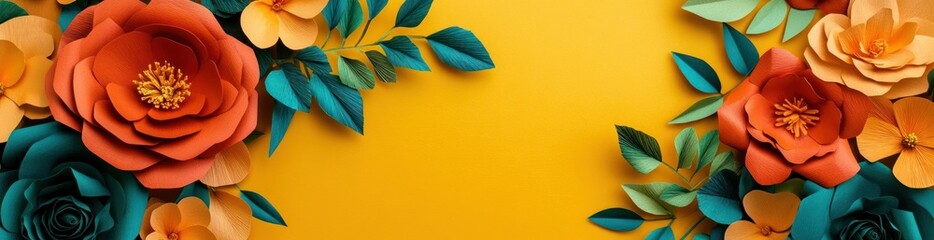 Poster - A vibrant floral arrangement with colorful paper flowers on a yellow background.