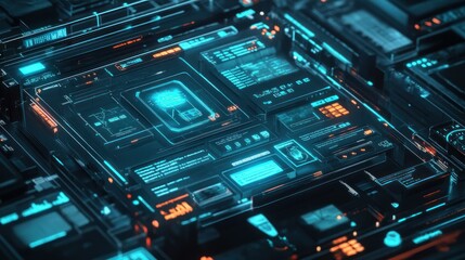 Aufkleber - Futuristic digital interface with glowing elements and data displays.
